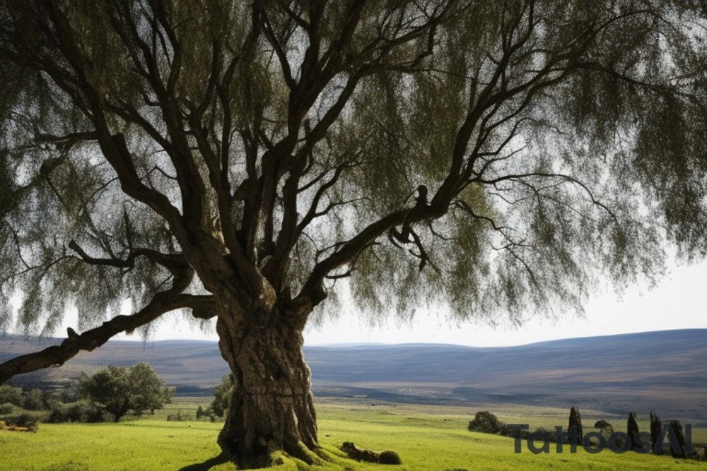 Imagine the entirety of your back being a canvas, and in the center, a large, vibrant tree extends, reaching the shoulder blades with its branches and down to your lower back with its roots. This tree symbolizes your personal growth and strength. 

The roots, thick and firm, dig into the rolling green hills of the Golan Heights, intertwining with the landscape and symbolizing your deep connection to your homeland. 

A Greco-Roman wrestling helmet, finely detailed, hangs from a sturdy branch on the upper right side of the tree, signifying your achievements in wrestling and the military. In the leafy canopy of the tree, subtly integrate the pattern of a frisbee, representing your love for the sea and freedom.

Carved into the bark of the tree on the left side, near where your heart would be, are two small but significant symbols: a knife and a tiny spark. These are to symbolize your significant relationships with Chris and Or. 

Etched into the base of the tree is a small, humble house. This is to symbolize your dream of providing a dream home for your mother.

The Russian and Israeli flags are subtly incorporated into the tree's design, intertwining with the bark and leaves, symbolizing your migration journey from Russia to Israel.

Lastly, beneath the tree, at the bottom center of your back, place the silhouette of an open book. Gold coins are scattered on the ground around it, symbolizing your interest in finance and your life motto "everything is possible." 

You can take this description to a professional tattoo artist who can create a sketch based on these details. Remember that the final design can be adjusted according to your preferences and the artist's creative input. tattoo idea