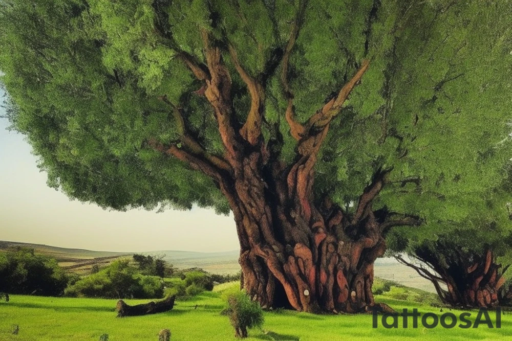 Imagine the entirety of your back being a canvas, and in the center, a large, vibrant tree extends, reaching the shoulder blades with its branches and down to your lower back with its roots. This tree symbolizes your personal growth and strength. 

The roots, thick and firm, dig into the rolling green hills of the Golan Heights, intertwining with the landscape and symbolizing your deep connection to your homeland. 

A Greco-Roman wrestling helmet, finely detailed, hangs from a sturdy branch on the upper right side of the tree, signifying your achievements in wrestling and the military. In the leafy canopy of the tree, subtly integrate the pattern of a frisbee, representing your love for the sea and freedom.

Carved into the bark of the tree on the left side, near where your heart would be, are two small but significant symbols: a knife and a tiny spark. These are to symbolize your significant relationships with Chris and Or. 

Etched into the base of the tree is a small, humble house. This is to symbolize your dream of providing a dream home for your mother.

The Russian and Israeli flags are subtly incorporated into the tree's design, intertwining with the bark and leaves, symbolizing your migration journey from Russia to Israel.

Lastly, beneath the tree, at the bottom center of your back, place the silhouette of an open book. Gold coins are scattered on the ground around it, symbolizing your interest in finance and your life motto "everything is possible." 

You can take this description to a professional tattoo artist who can create a sketch based on these details. Remember that the final design can be adjusted according to your preferences and the artist's creative input. tattoo idea