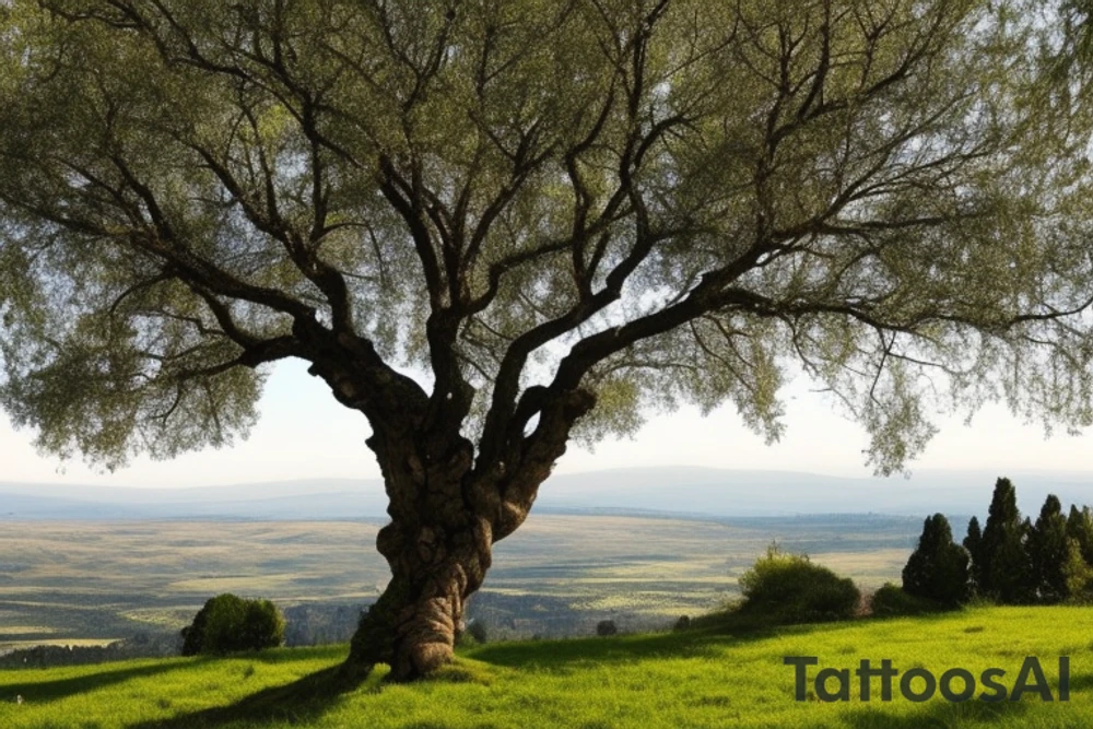 Imagine the entirety of your back being a canvas, and in the center, a large, vibrant tree extends, reaching the shoulder blades with its branches and down to your lower back with its roots. This tree symbolizes your personal growth and strength. 

The roots, thick and firm, dig into the rolling green hills of the Golan Heights, intertwining with the landscape and symbolizing your deep connection to your homeland. 

A Greco-Roman wrestling helmet, finely detailed, hangs from a sturdy branch on the upper right side of the tree, signifying your achievements in wrestling and the military. In the leafy canopy of the tree, subtly integrate the pattern of a frisbee, representing your love for the sea and freedom.

Carved into the bark of the tree on the left side, near where your heart would be, are two small but significant symbols: a knife and a tiny spark. These are to symbolize your significant relationships with Chris and Or. 

Etched into the base of the tree is a small, humble house. This is to symbolize your dream of providing a dream home for your mother.

The Russian and Israeli flags are subtly incorporated into the tree's design, intertwining with the bark and leaves, symbolizing your migration journey from Russia to Israel.

Lastly, beneath the tree, at the bottom center of your back, place the silhouette of an open book. Gold coins are scattered on the ground around it, symbolizing your interest in finance and your life motto "everything is possible." 

You can take this description to a professional tattoo artist who can create a sketch based on these details. Remember that the final design can be adjusted according to your preferences and the artist's creative input. tattoo idea