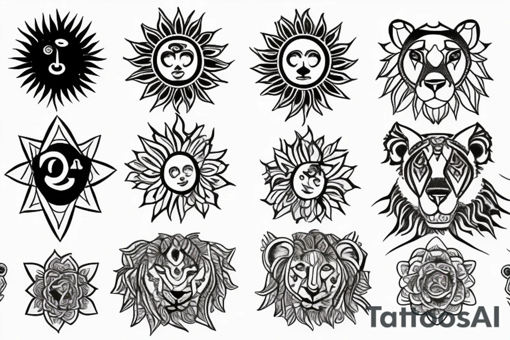7 chakras, the sun, Leo, 8, epiphany, 2 dogs, trinity, lioness tattoo idea