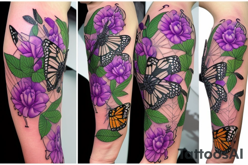 Half sleeve: Monarch butterfly, arm band, peonies, bee, crystal bundle, lavender, vines tattoo idea