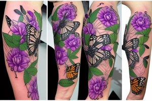 Half sleeve: Monarch butterfly, arm band, peonies, bee, crystal bundle, lavender, vines tattoo idea