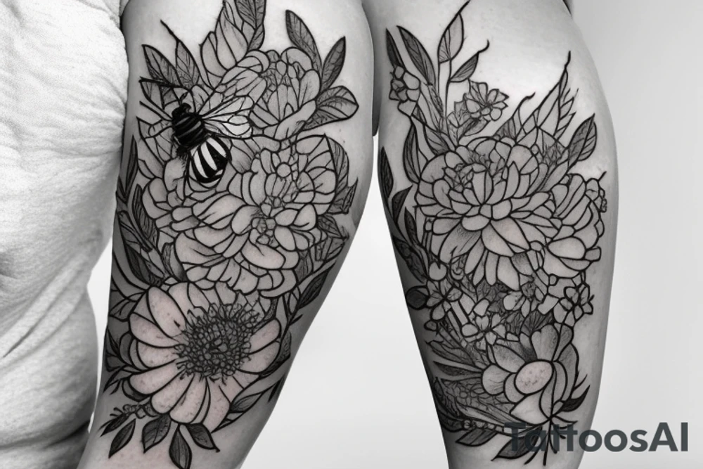 Half sleeve: Monarch butterfly, arm band, peonies, bee, crystal bundle, lavender, vines tattoo idea
