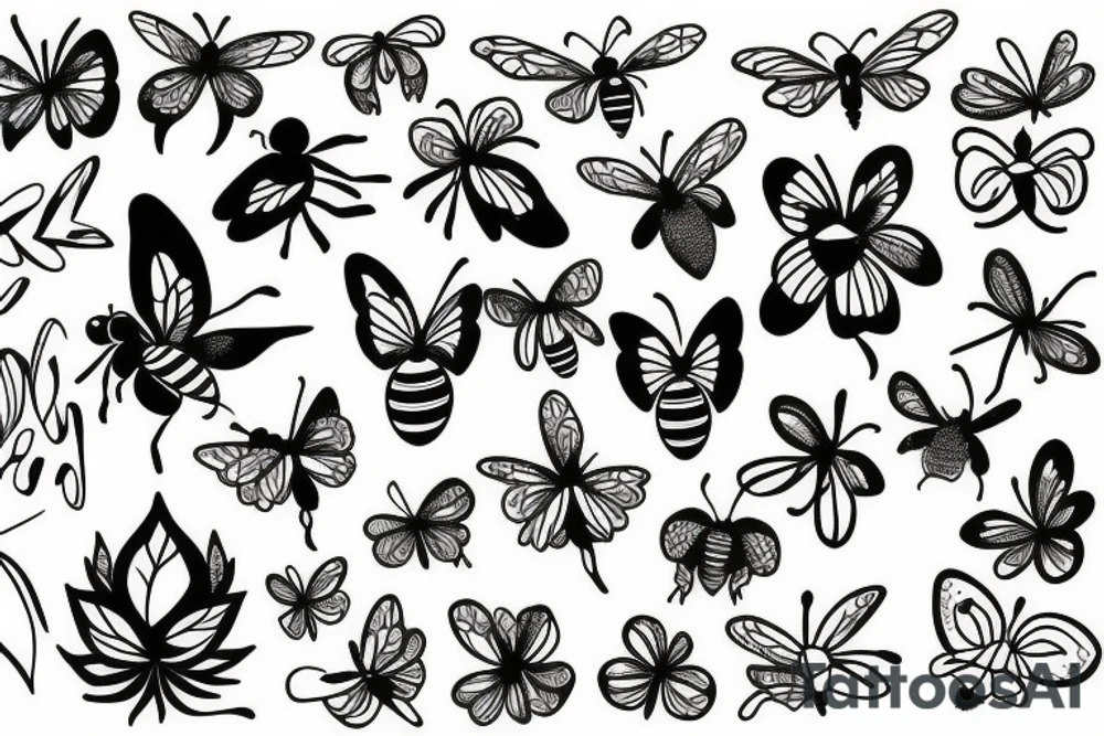 nature bee butterfly flowers tattoo idea