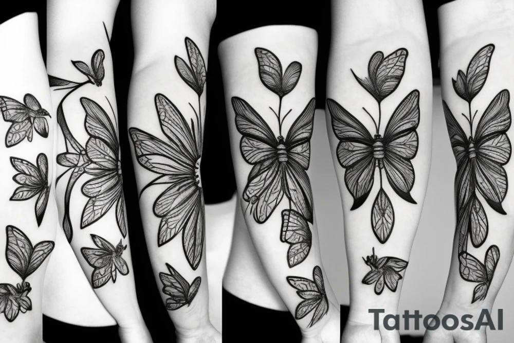 nature bee butterfly flowers tattoo idea