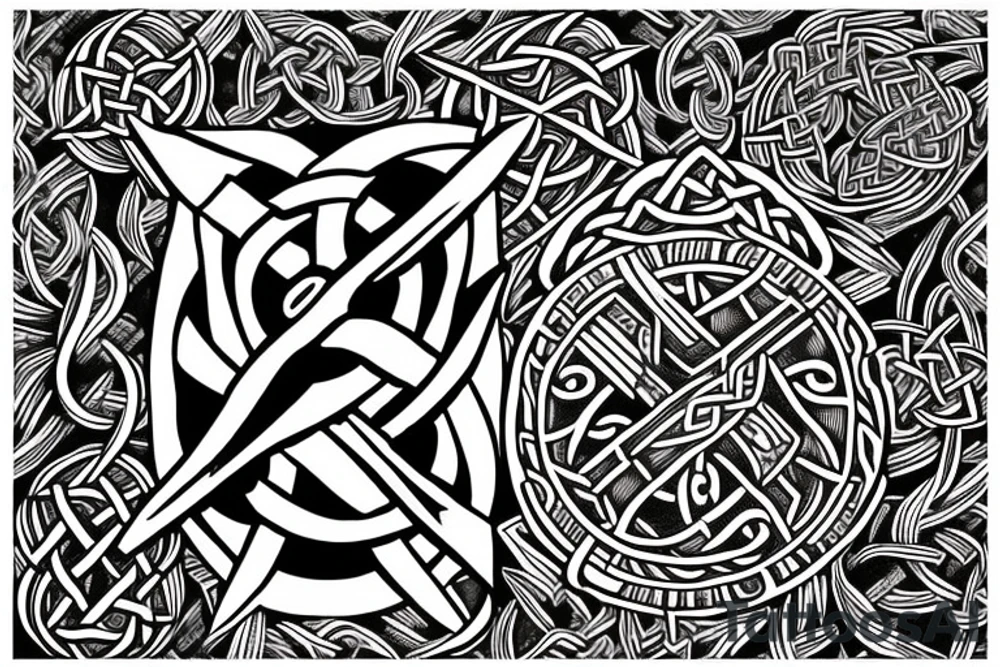 fighter jet made of celtic knots tattoo idea