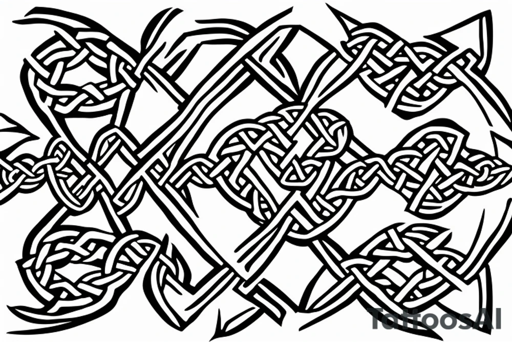 fighter jet made of celtic knots in the shape of the letter X tattoo idea