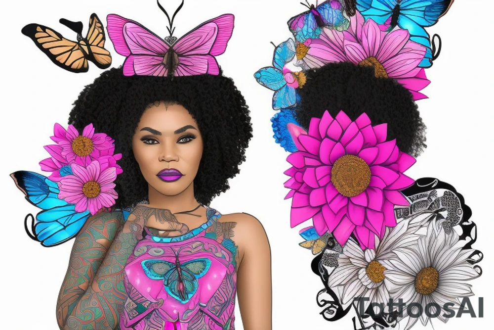 A light-skinned african american woman wearing a lioness headdress with blue/pink flowers and butterflies tattoo idea