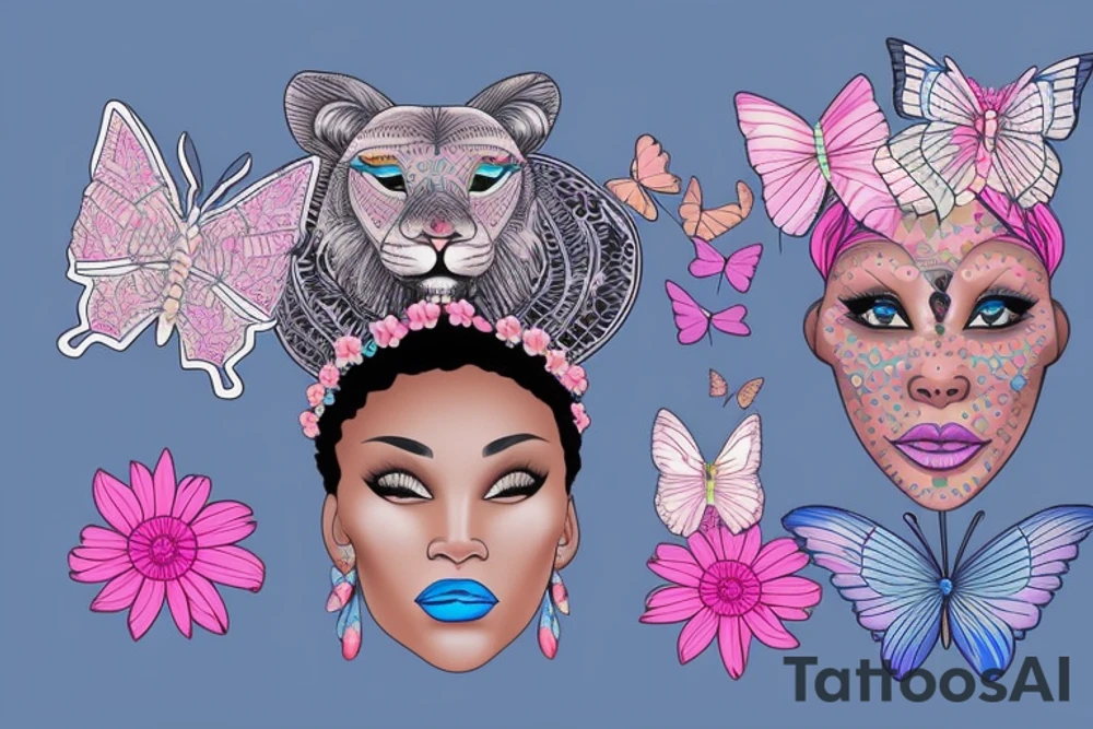 A light-skinned african american woman wearing a lioness headdress with blue/pink flowers and butterflies tattoo idea