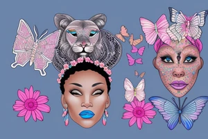 A light-skinned african american woman wearing a lioness headdress with blue/pink flowers and butterflies tattoo idea