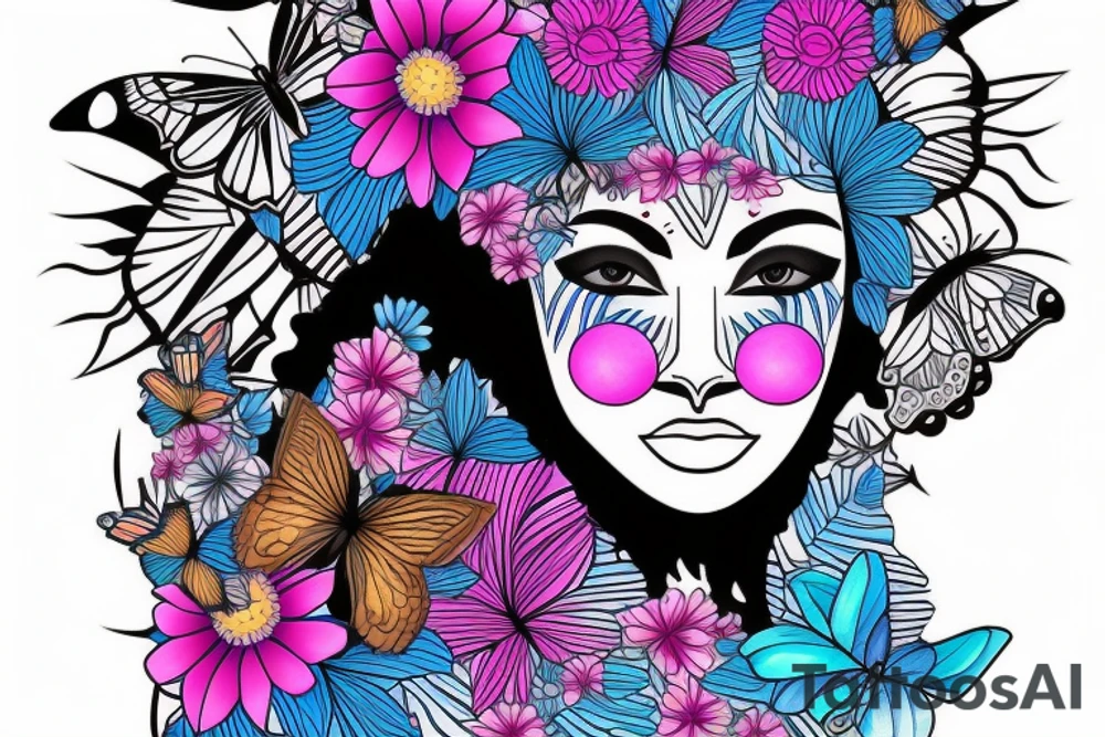 A light-skinned african american woman wearing a lioness headress with blue/pink flowers and butterflies tattoo idea