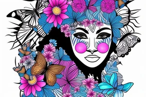 A light-skinned african american woman wearing a lioness headress with blue/pink flowers and butterflies tattoo idea