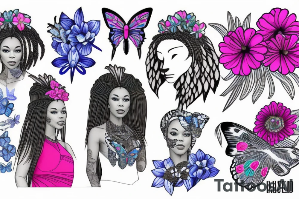 A light-skinned african american woman wearing a lioness headress with blue/pink flowers and butterflies tattoo idea