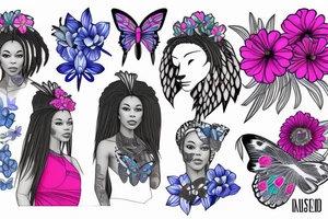 A light-skinned african american woman wearing a lioness headress with blue/pink flowers and butterflies tattoo idea