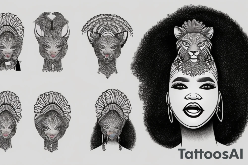 A light-skinned african american woman wearing a lioness headd
ress tattoo idea