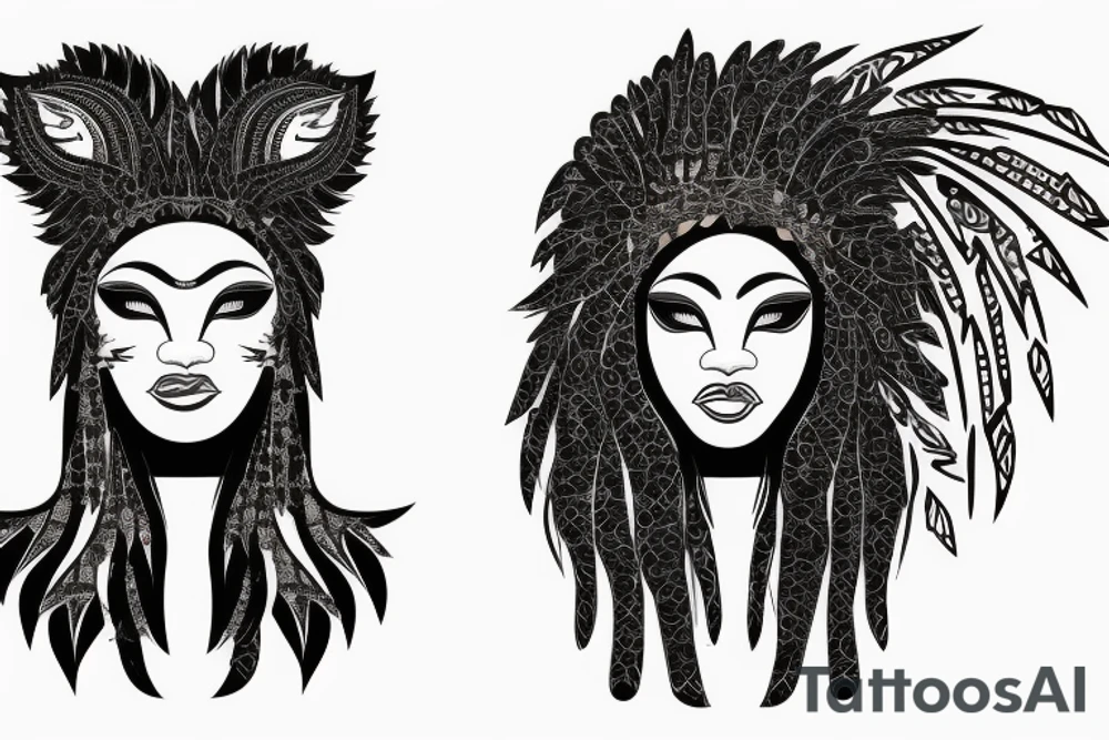 A light-skinned african american woman wearing a lioness head dress tattoo idea