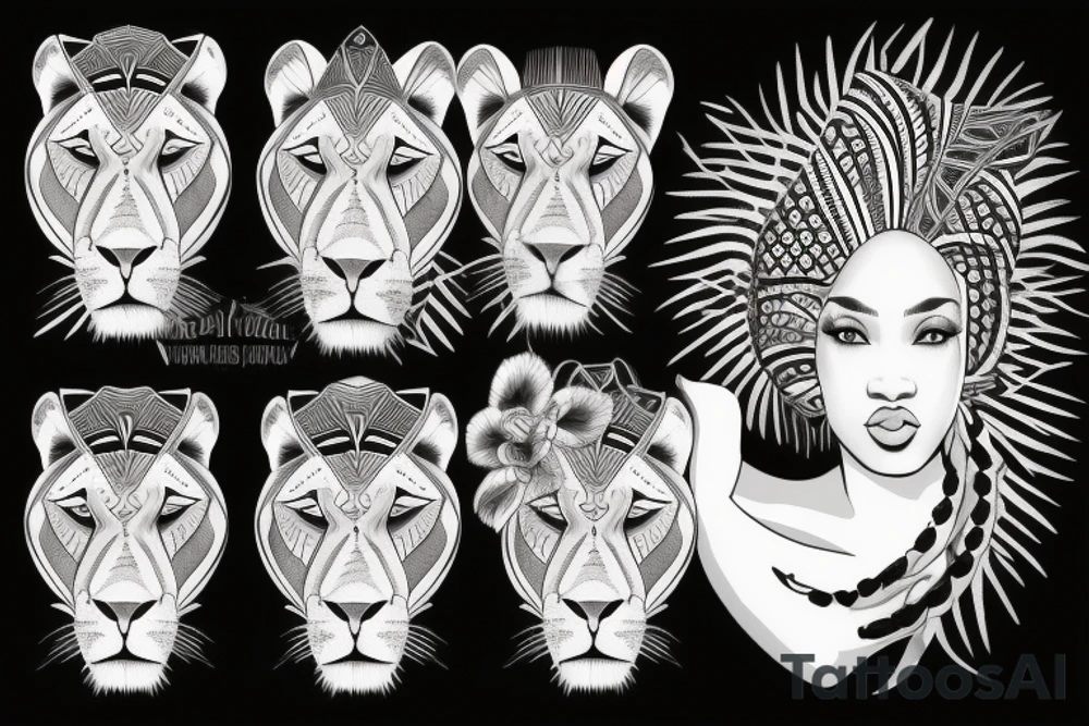 A light-skinned african american woman wearing a lioness head dress tattoo idea