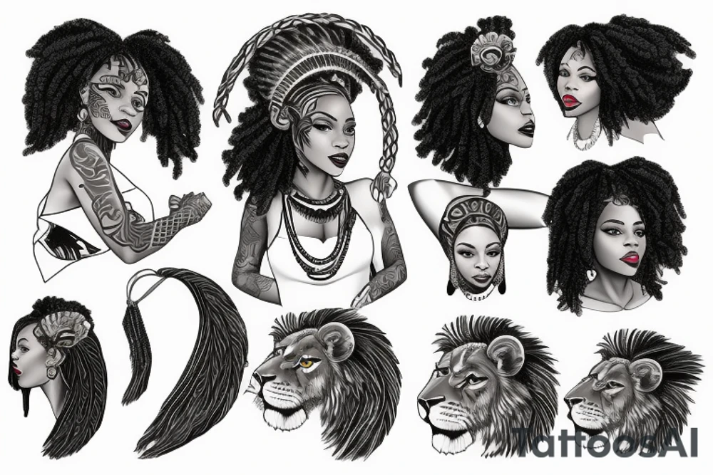 A light-skinned african american woman wearing a lion head dress tattoo idea