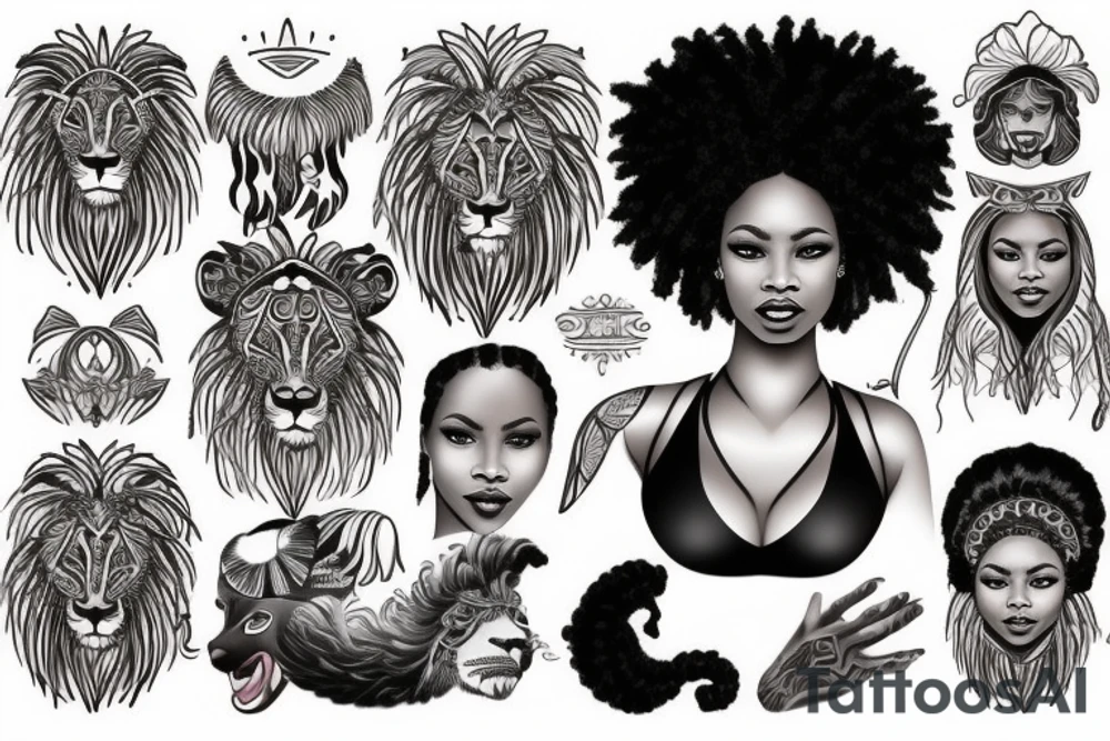 A light-skinned african american woman wearing a lion head dress tattoo idea