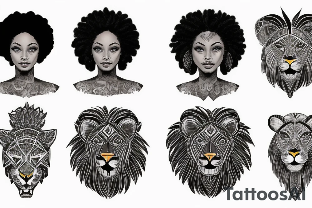 A light-skinned african american woman with short hair wearing a lion head dress tattoo idea