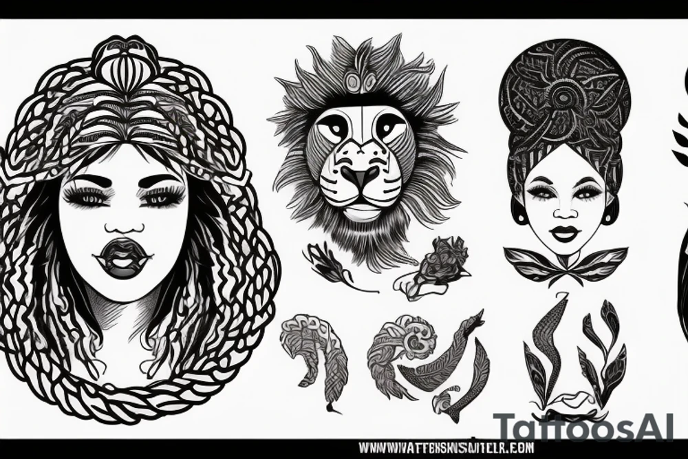 A light-skinned african american woman with short hair wearing a lion head dress tattoo idea
