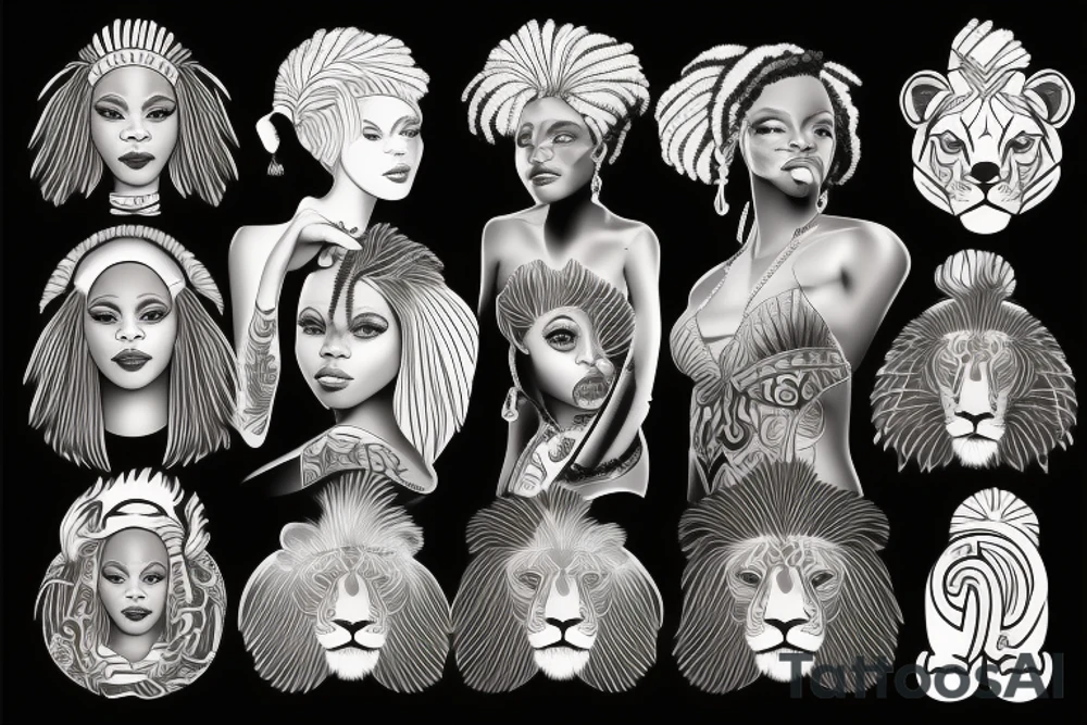 A light-skinned african american woman with short hair wearing a lion head dress tattoo idea