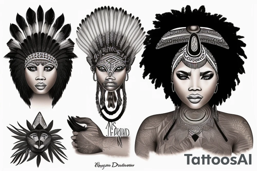 A light-skinned african american woman with short hair wearing a lion indian head dress tattoo idea