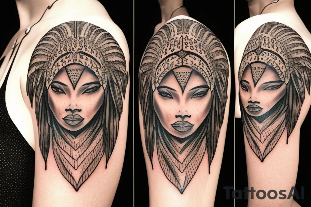 A light-skinned african american woman with short hair wearing a lion indian head dress tattoo idea