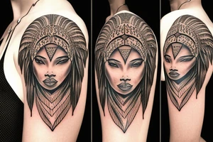 A light-skinned african american woman with short hair wearing a lion indian head dress tattoo idea