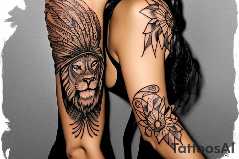 A light-skinned african american woman with short hair wearing a lion indian head dress for upper arm tattoo idea