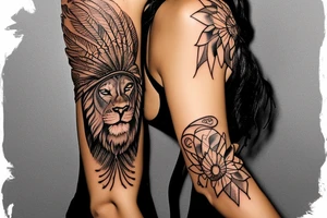 A light-skinned african american woman with short hair wearing a lion indian head dress for upper arm tattoo idea