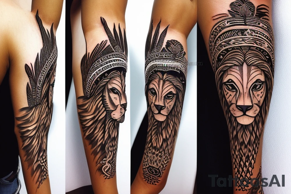A light-skinned african american woman with short hair wearing a lion indian head dress for upper arm tattoo idea