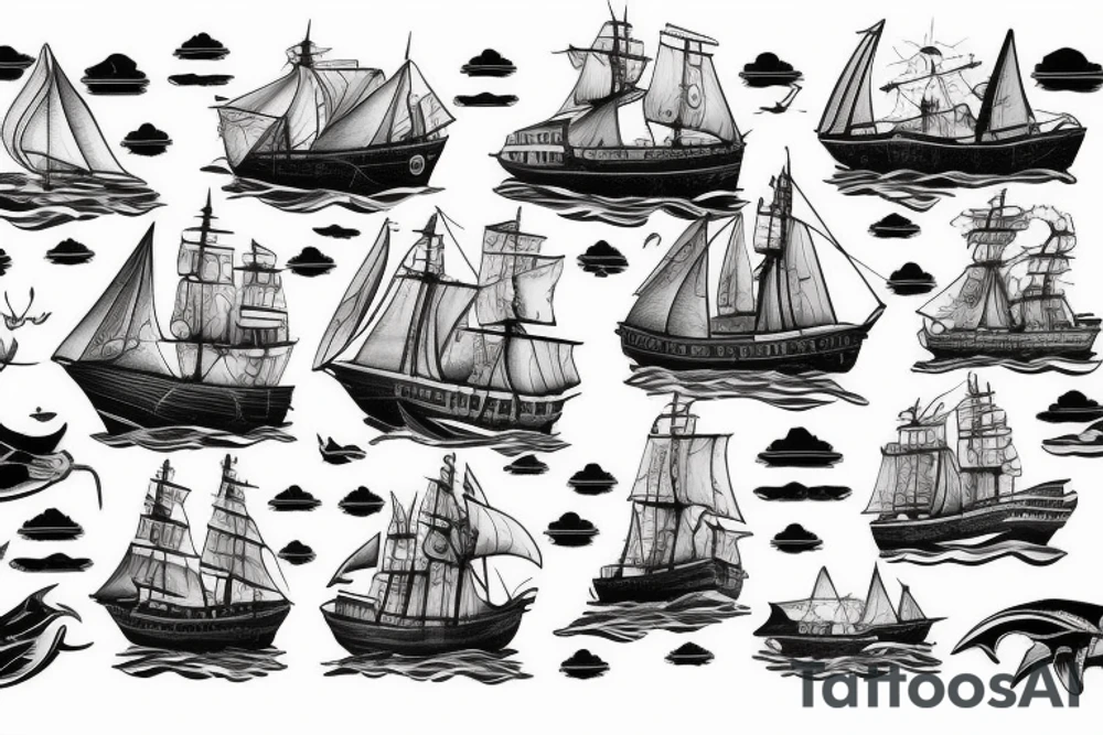 Traditional ship in a storm with water tattoo idea