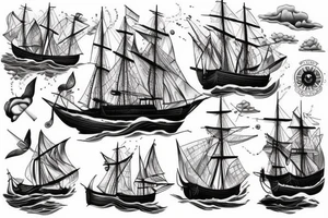 Traditional ship in a storm with water and clouds tattoo idea