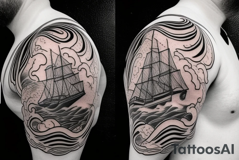 Traditional ship in a storm with water and clouds tattoo idea