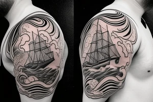 Traditional ship in a storm with water and clouds tattoo idea
