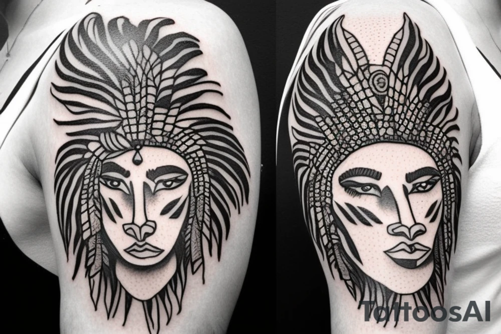 A african american woman with short hair wearing a lion indian head dress for upper arm tattoo idea