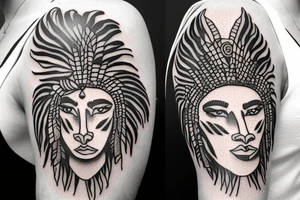 A african american woman with short hair wearing a lion indian head dress for upper arm tattoo idea