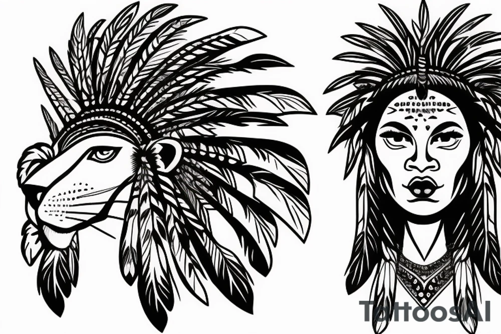A african american woman with short hair wearing a lion indian head dress for upper arm tattoo idea