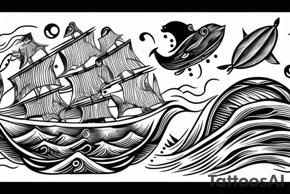 Traditional ship in a storm with water and clouds with whale in the water tattoo idea