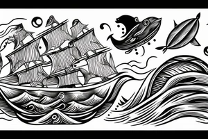 Traditional ship in a storm with water and clouds with whale in the water tattoo idea