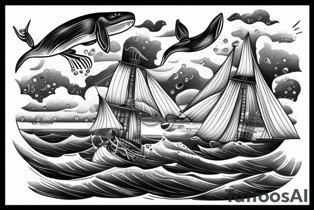 Traditional ship in a storm with water and clouds with whale in the water tattoo idea