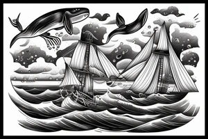 Traditional ship in a storm with water and clouds with whale in the water tattoo idea