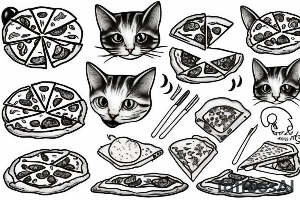 cat eating pizza tattoo idea