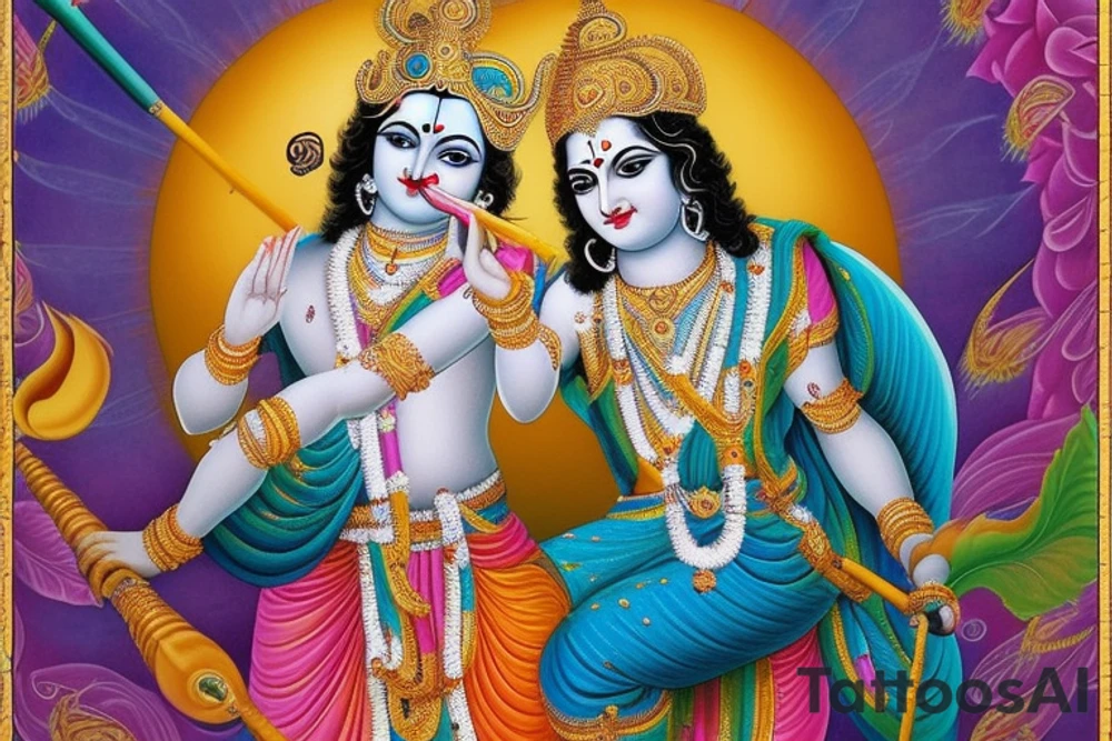 At the center of the design, Lord Krishna is depicted in a regal and divine form. He can be portrayed standing or seated on a lotus, adorned with his iconic peacock feather crown and playing the flute. His depiction can showcase grace, wisdom, and a serene expression. tattoo idea