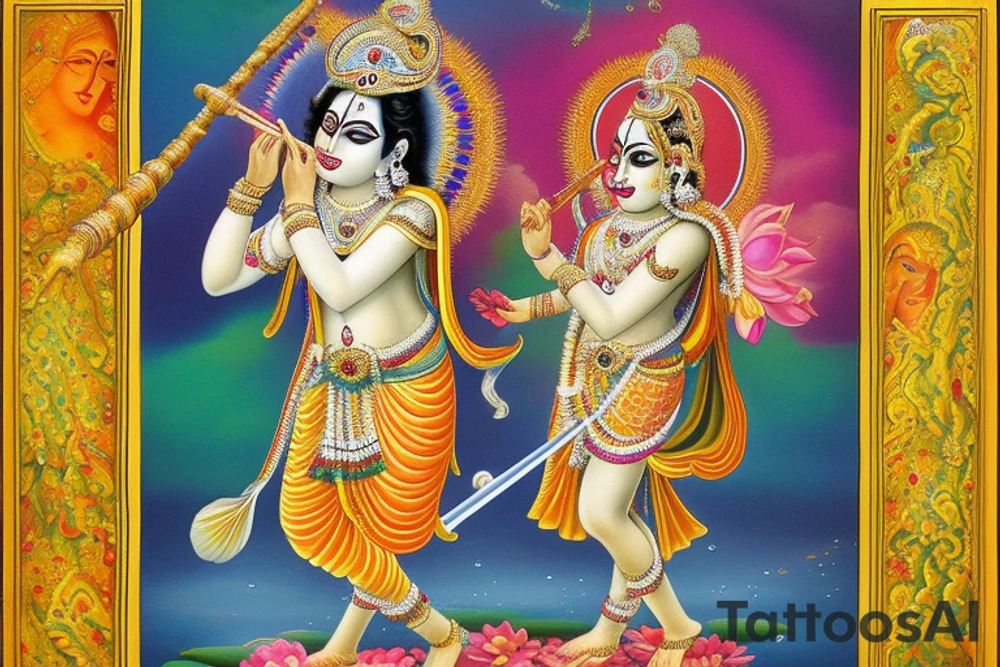 At the center of the design, Lord Krishna is depicted in a regal and divine form. He can be portrayed standing or seated on a lotus, adorned with his iconic peacock feather crown and playing the flute. His depiction can showcase grace, wisdom, and a serene expression. tattoo idea