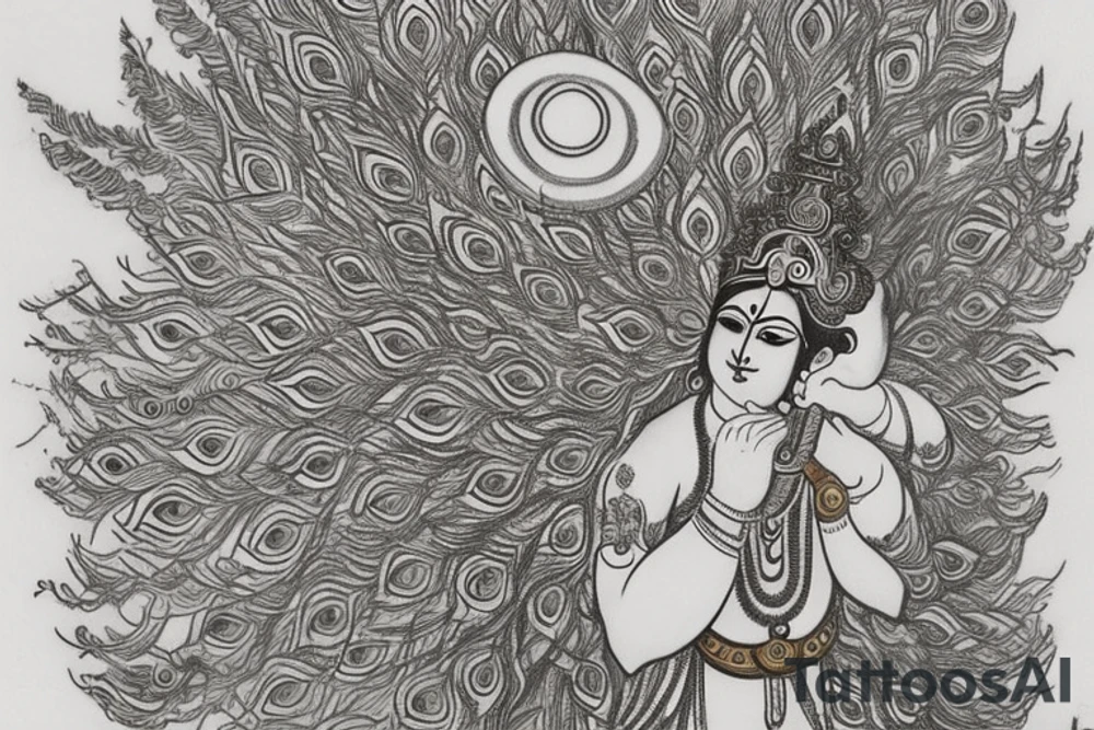 At the center of the design, Lord Krishna is depicted in a regal and divine form. He can be portrayed standing or seated on a lotus, adorned with his iconic peacock feather crown and playing the flute. His depiction can showcase grace, wisdom, and a serene expression. tattoo idea