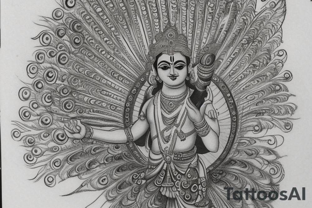 At the center of the design, Lord Krishna is depicted in a regal and divine form. He can be portrayed standing or seated on a lotus, adorned with his iconic peacock feather crown and playing the flute. His depiction can showcase grace, wisdom, and a serene expression. tattoo idea