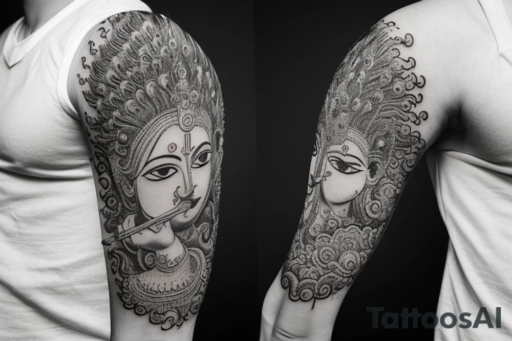 At the center of the design, Lord Krishna is depicted in a regal and divine form. He can be portrayed standing or seated on a lotus, adorned with his iconic peacock feather crown and playing the flute. His depiction can showcase grace, wisdom, and a serene expression. tattoo idea