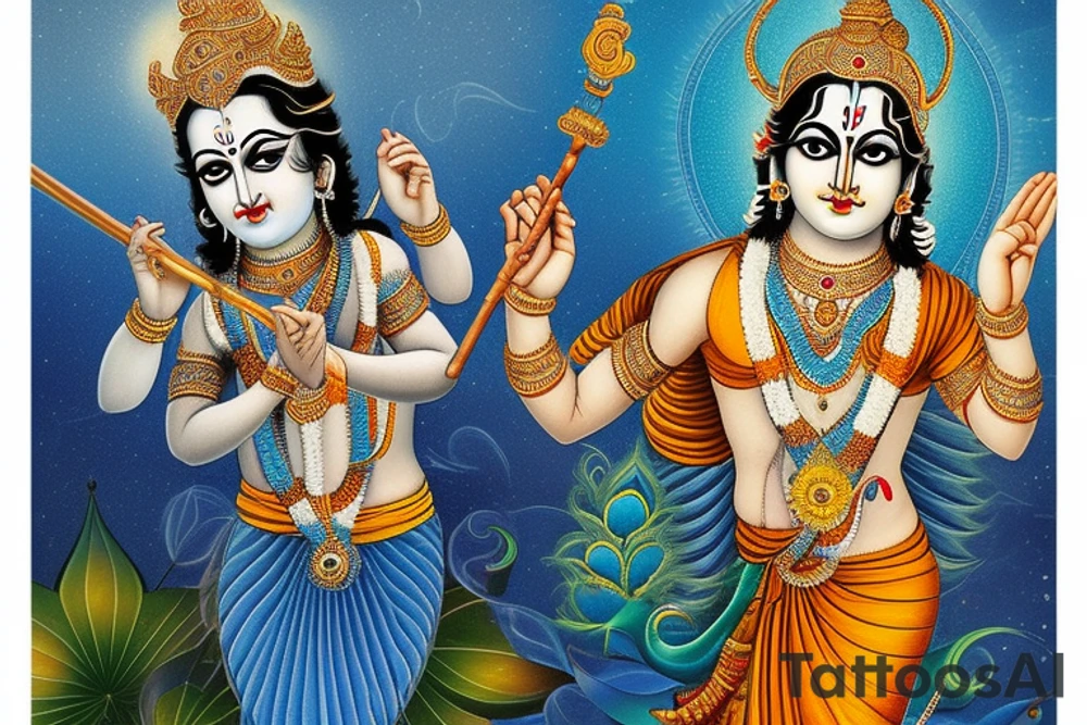 At the center of the design, Lord Krishna is depicted in a regal and divine form. He can be portrayed standing or seated on a lotus, adorned with his iconic peacock feather crown and playing the flute. His depiction can showcase grace, wisdom, and a serene expression. tattoo idea
